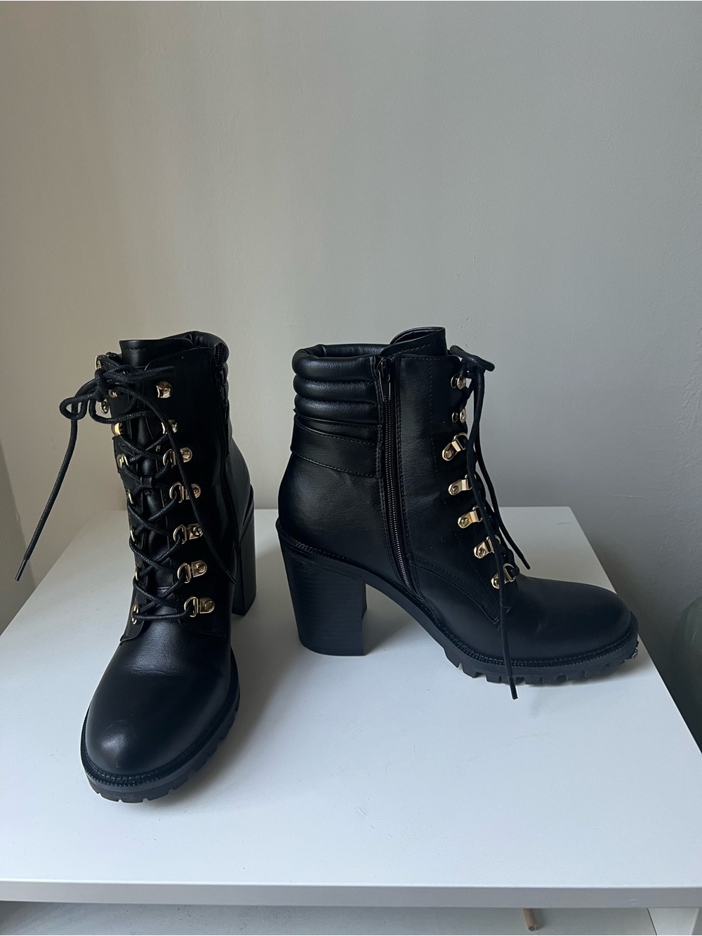 Guess Black Lace-Up Block Heel Ankle Boots with Gold Hardware